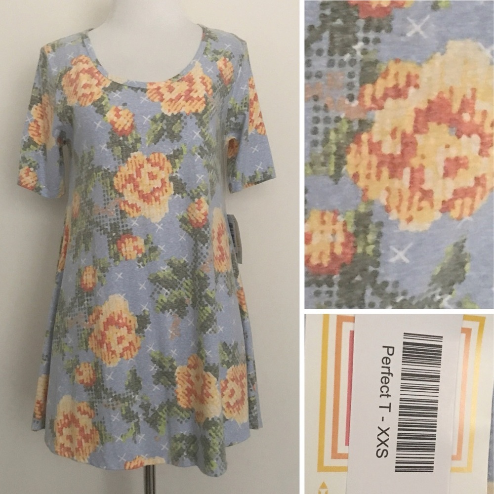 NWT Lularoe Perfect T XXS blue floral cross-stitch yellow rose swing top cottage
